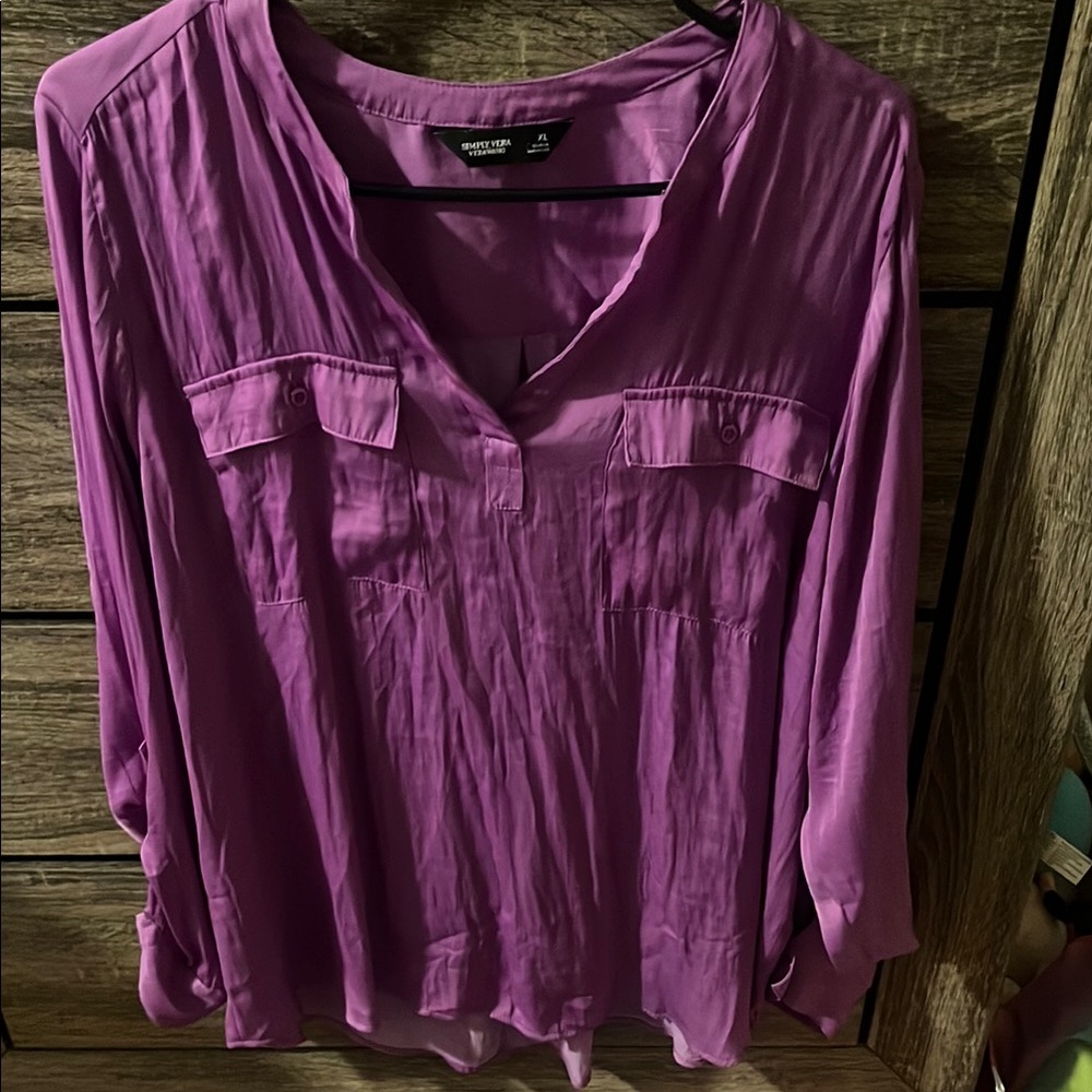 Express Purple Pleated Blouse with Mandarin Collar